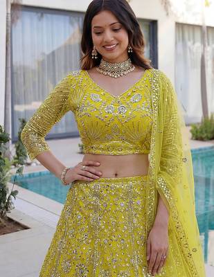 Awesome Lime Yellow Coding Work Net Cocktail Wear Lehenga Choli 5