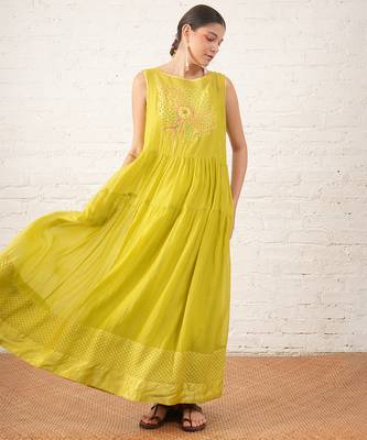 Lime green embroidered chanderi dress 1