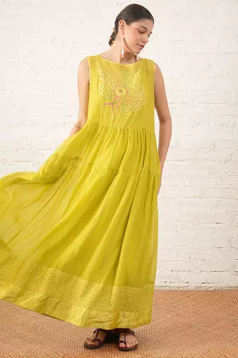 Lime green embroidered chanderi dress