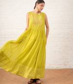 Lime green embroidered chanderi dress