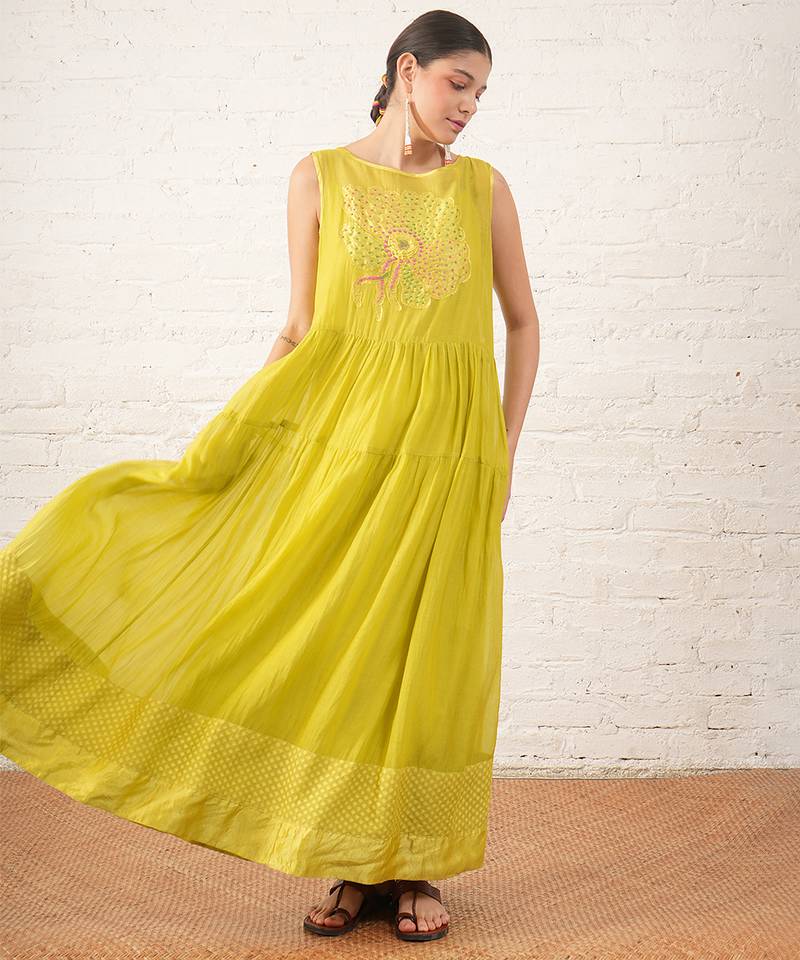 Lime green embroidered chanderi dress