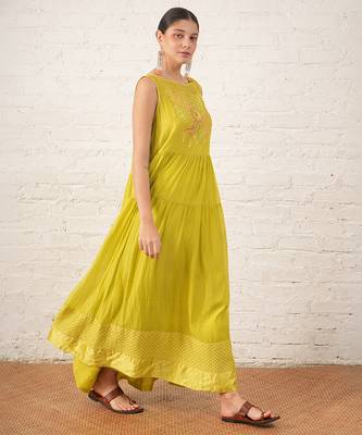 Lime green embroidered chanderi dress 2