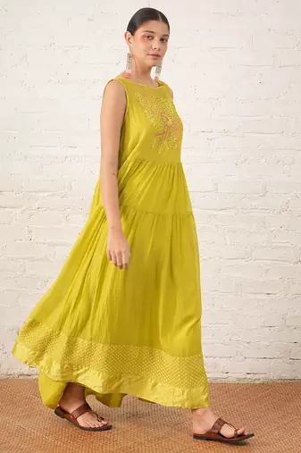Lime green embroidered chanderi dress
