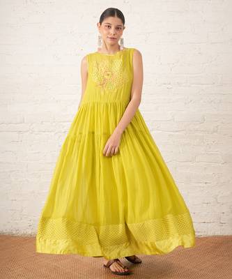 Lime green embroidered chanderi dress 3