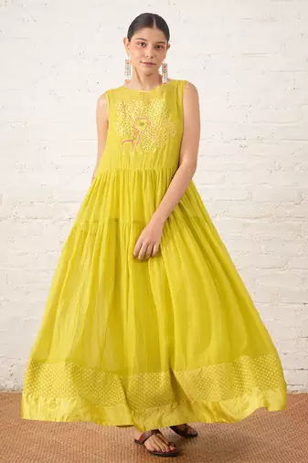 Lime green embroidered chanderi dress