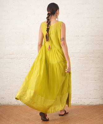 Lime green embroidered chanderi dress 4
