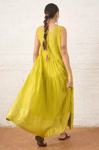 Lime green embroidered chanderi dress