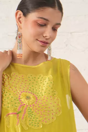 Lime green embroidered chanderi dress