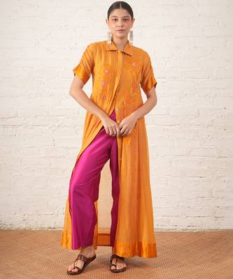 Mustard yellow embroidered chanderi co ord set 1
