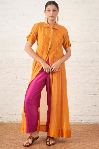 Mustard yellow embroidered chanderi co ord set