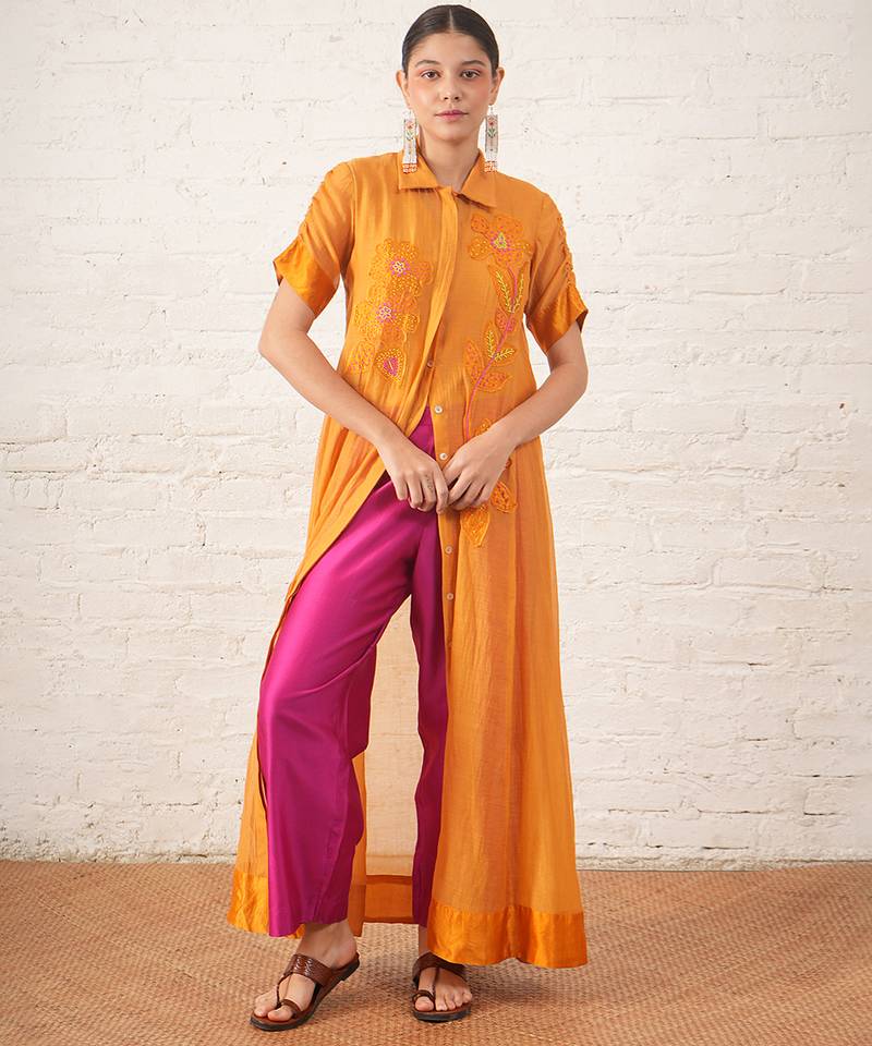 Mustard yellow embroidered chanderi co ord set