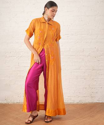 Mustard yellow embroidered chanderi co ord set 2