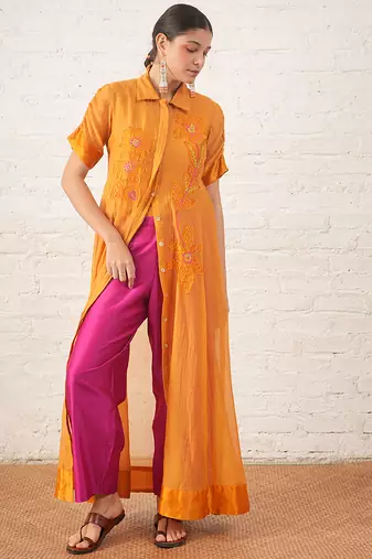 Mustard yellow embroidered chanderi co ord set