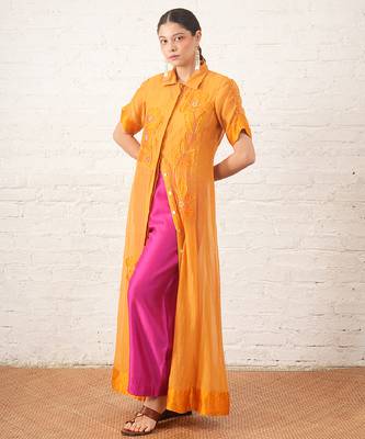 Mustard yellow embroidered chanderi co ord set 3