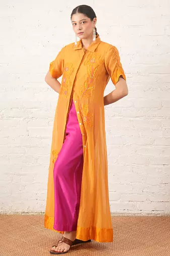 Mustard yellow embroidered chanderi co ord set