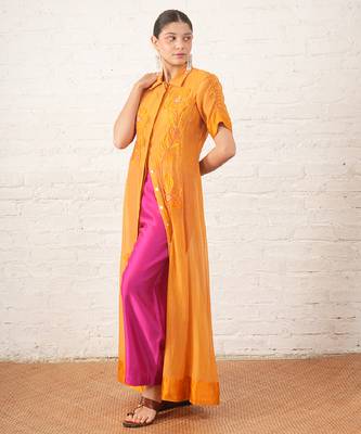 Mustard yellow embroidered chanderi co ord set 4