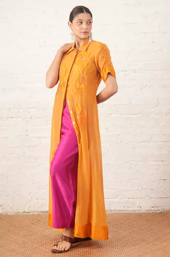Mustard yellow embroidered chanderi co ord set