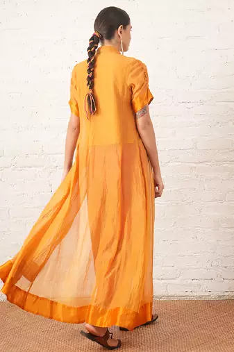 Mustard yellow embroidered chanderi co ord set