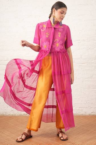 Fuchsia pink embroidered chanderi co ord set