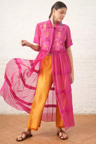 Fuchsia pink embroidered chanderi co ord set