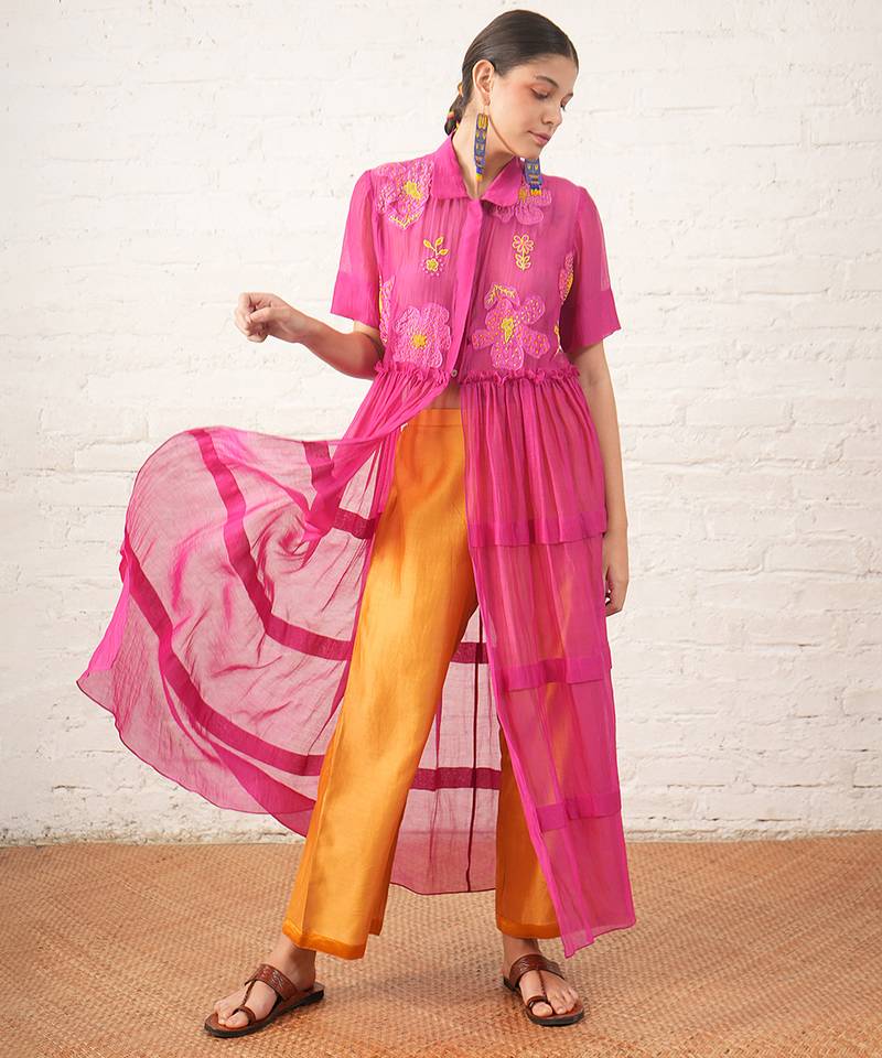 Fuchsia pink embroidered chanderi co ord set