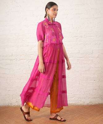 Fuchsia pink embroidered chanderi co ord set 2