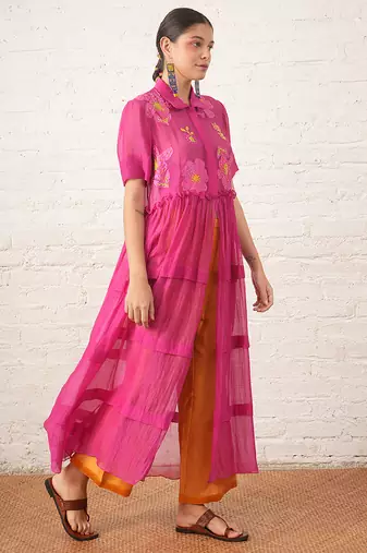 Fuchsia pink embroidered chanderi co ord set