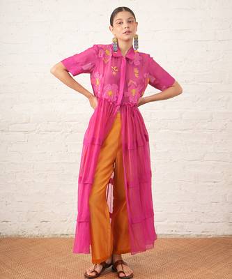 Fuchsia pink embroidered chanderi co ord set 3