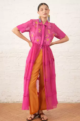 Fuchsia pink embroidered chanderi co ord set