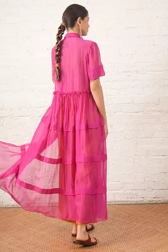 Fuchsia pink embroidered chanderi co ord set