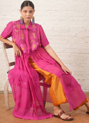 Fuchsia pink embroidered chanderi co ord set 5