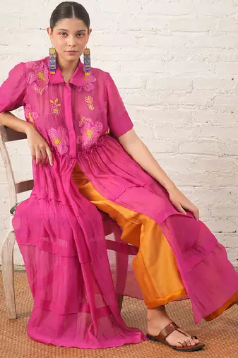 Fuchsia pink embroidered chanderi co ord set