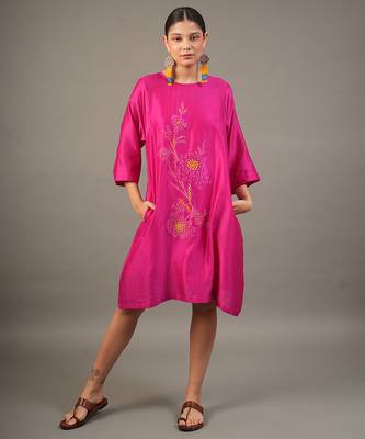 Fuchsia pink embroidered chanderi dress 1