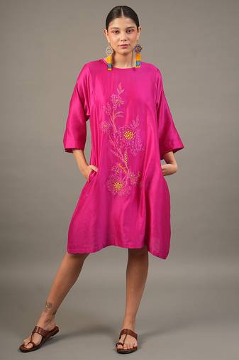 Fuchsia pink embroidered chanderi dress