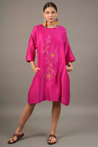 Fuchsia pink embroidered chanderi dress