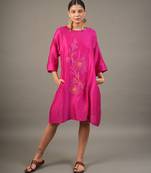 Fuchsia pink embroidered chanderi dress