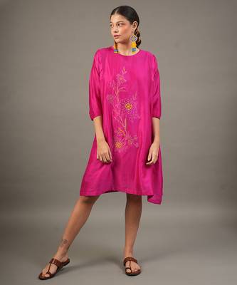 Fuchsia pink embroidered chanderi dress 2