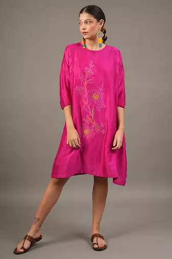 Fuchsia pink embroidered chanderi dress