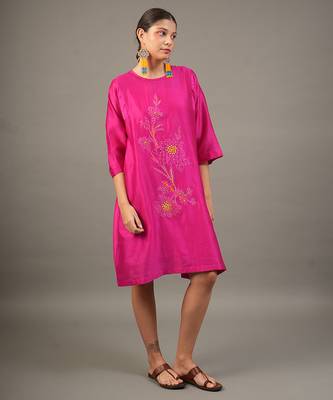 Fuchsia pink embroidered chanderi dress 3