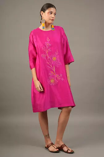 Fuchsia pink embroidered chanderi dress