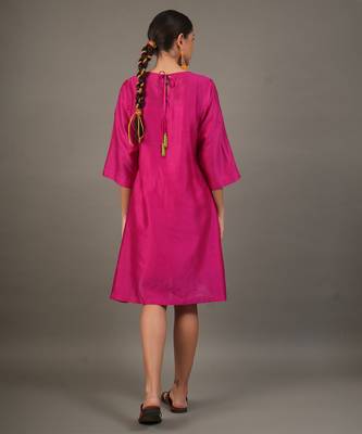 Fuchsia pink embroidered chanderi dress 4