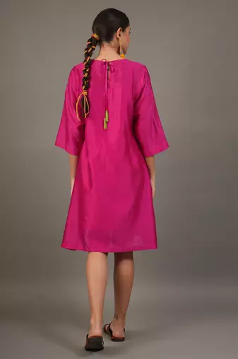 Fuchsia pink embroidered chanderi dress