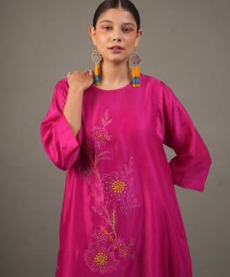 Fuchsia pink embroidered chanderi dress 5