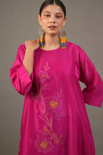 Fuchsia pink embroidered chanderi dress