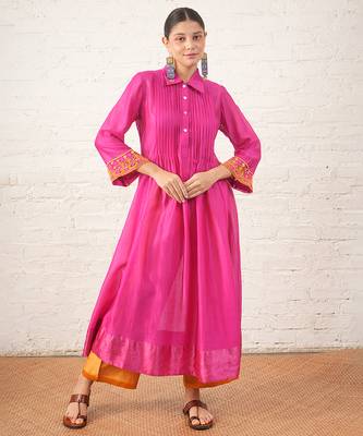 Fuchsia pink embroidered chanderi kurta set 1