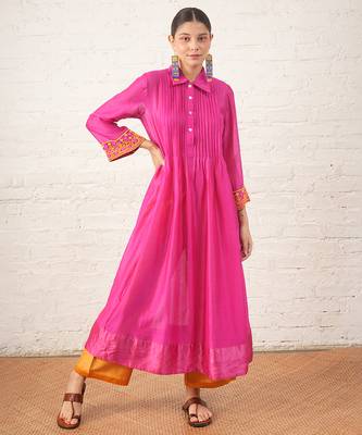 Fuchsia pink embroidered chanderi kurta set 2