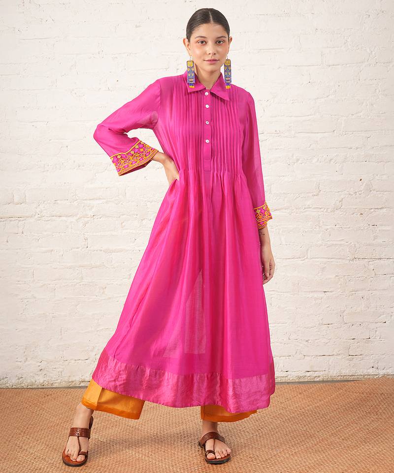 Fuchsia pink embroidered chanderi kurta set