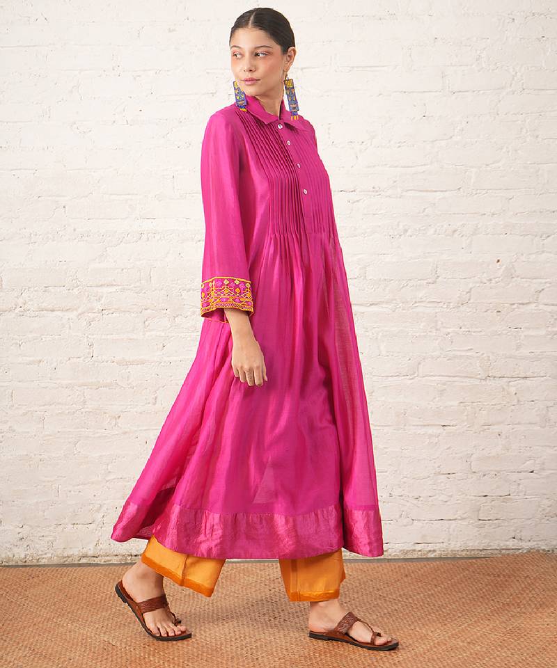 Fuchsia pink embroidered chanderi kurta set