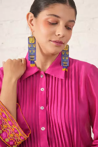 Fuchsia pink embroidered chanderi kurta set