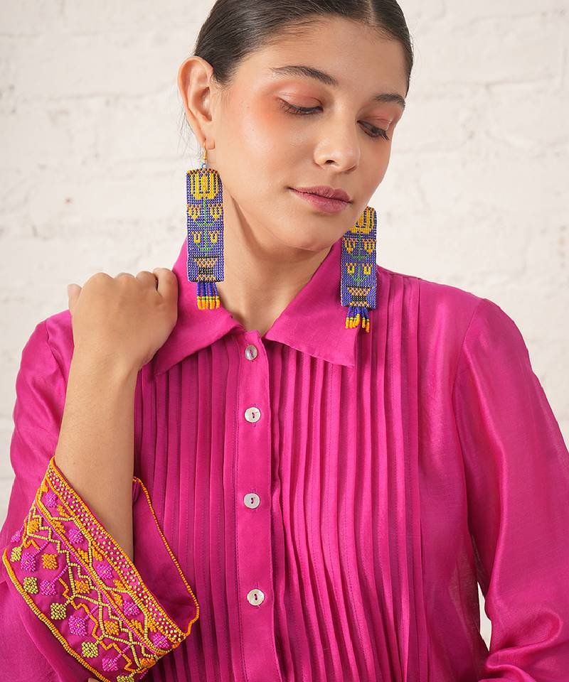 Fuchsia pink embroidered chanderi kurta set